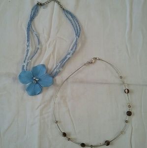 Floating Brown Cat's Eye & Blue Flower Necklaces